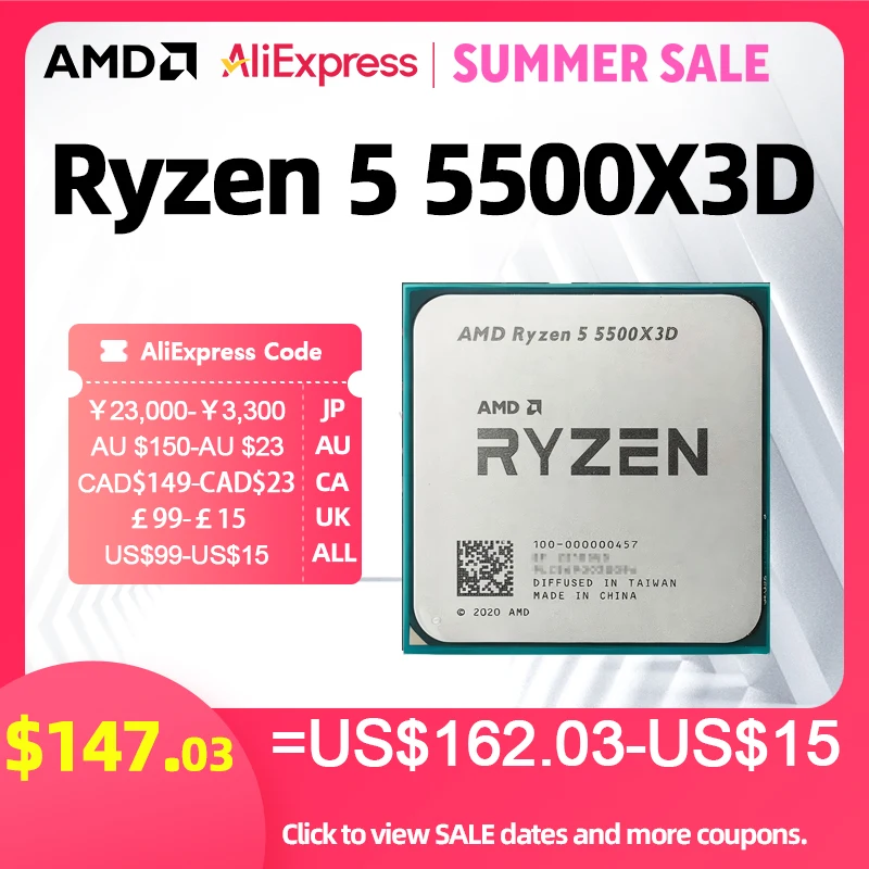 AMD Ryzen 5 5500X3D 6-Core 12-Thread Desktop Processor, 3.0GHz Up to 4.0GHz, 96MB L3 Cache, AM4 Socket, 3D V-Cache Gaming CPU
