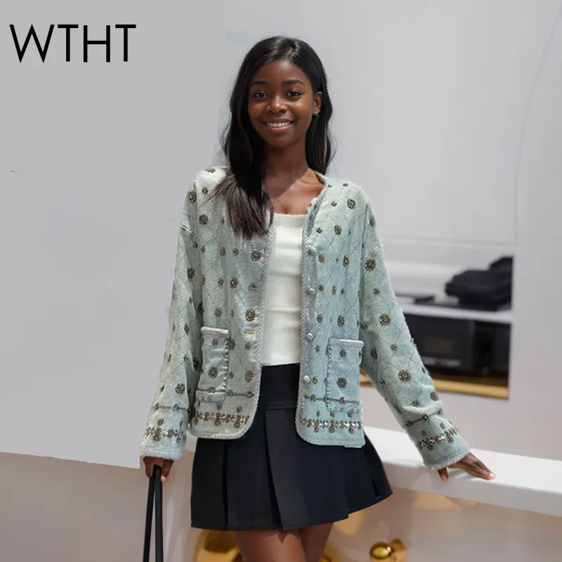 

WTHT Fashion Women's Heavy Industry Nail Beading Design Denim Jacket 2025 Spring Trendy O-neck Long Sleeves Coat Female 1LS1335