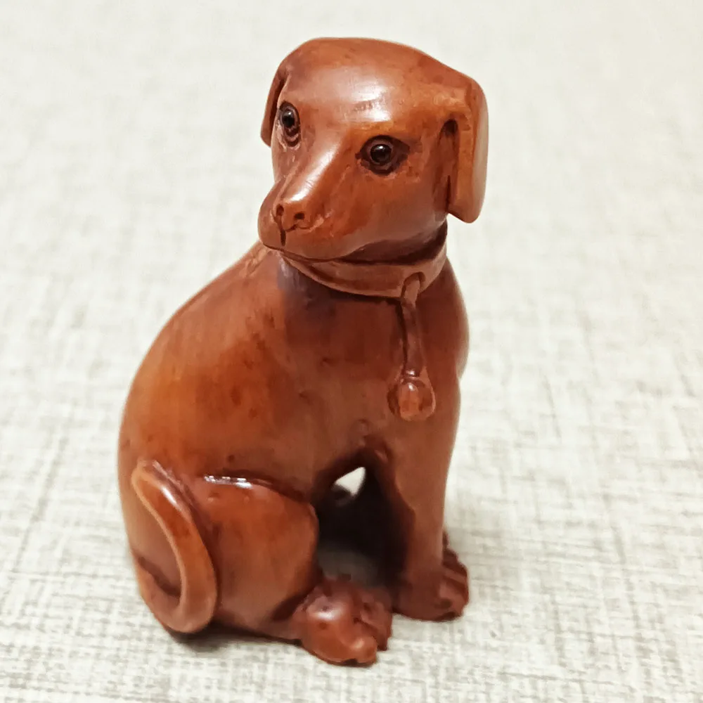 Y102, 20 Years Old 2 INCH Japanese Boxwood Hand Carved Netsuke Sculpture Miniature : Lovely Dog