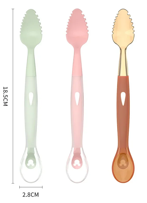 Four in One Scraper for Baby Fruit and Complementary Food, Plastic Head Dual-purpose Scraper for Fruit Puree Silicone Soft Spoon