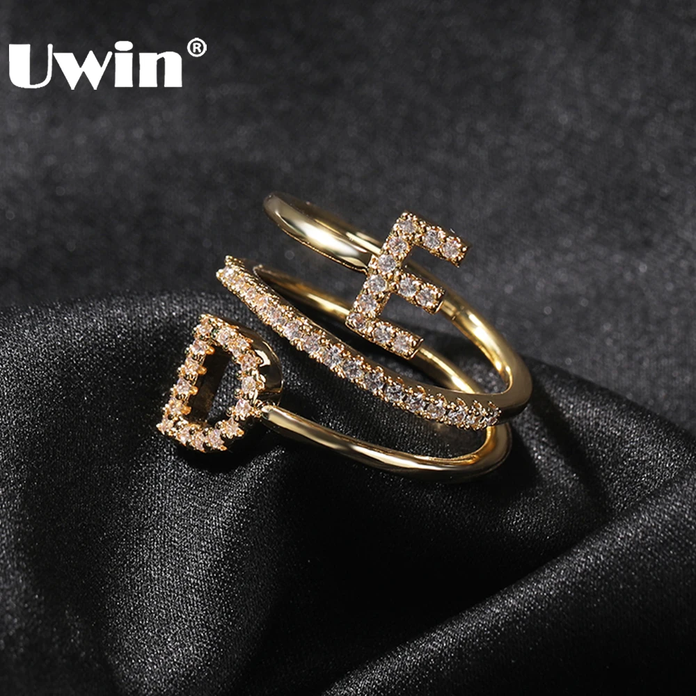 UWIN Custom 2 Letters Rings for Lovers Resizable Slim Letters Ring Iced Out CZ Stones Rings Fashion Jewelry for Valentine's Day