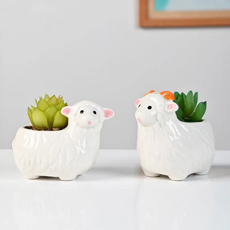 Cartoon White Porcelain Sheep Animal Flowerpot Bonsai Vase Fleshy Plant Pot Desktop Ornaments Gardening Planter Home Decor