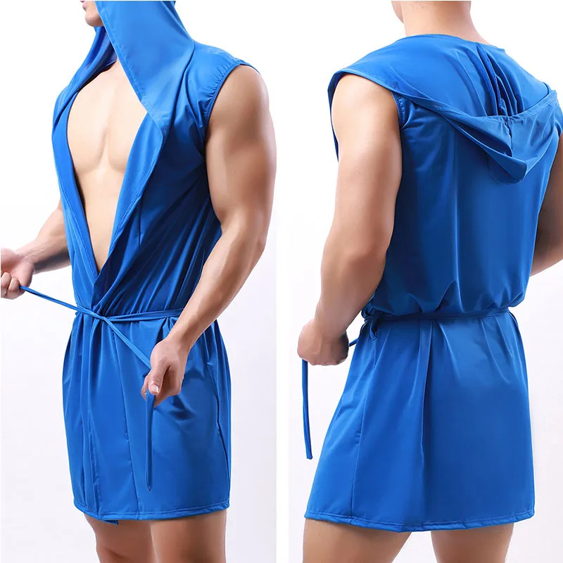 Men Summer Bathrobe Silky Hooded Sleeveless Bathrobe Sleepwear Pajamas Without underwear