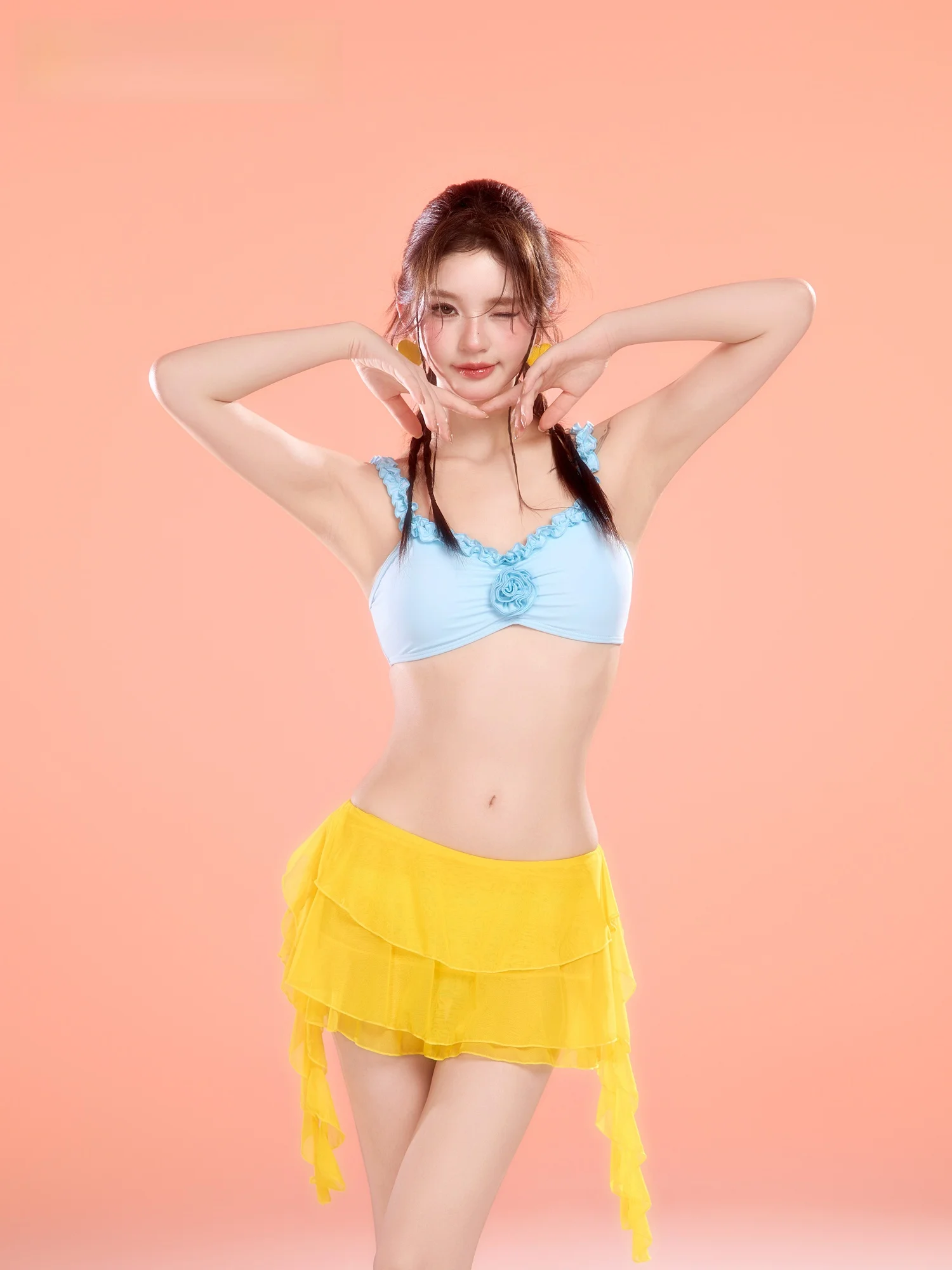 Cute Lace Bikini Set Small Chest Gathered  Pants Hot Spring Soaking Vacation Resort Blue Girl's Swimsuit Ensemble
