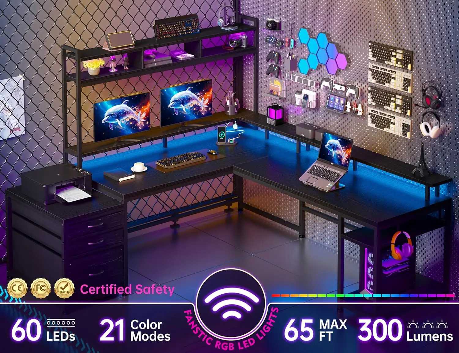 مكتب ألعاب كبير على شكل حرف L مع قفص وأدراج، مكتب على شكل حرف L مقاس 64 بوصة مع أرفف تخزين وحامل شاشة وإضاءة LED للمنزل #3