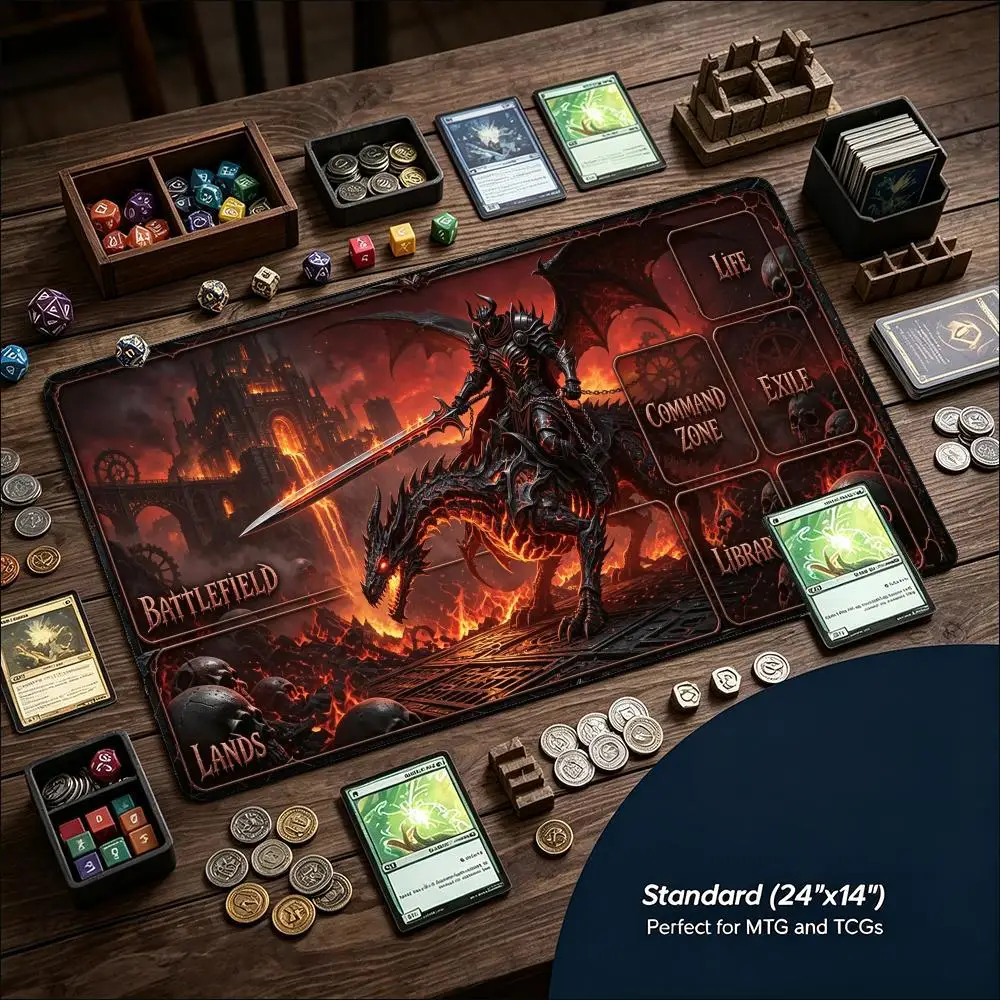 Golden Dark Knight Flaming Sword Burning Castle Skull Large Gaming Playmat Non Slip Rubber Base XXL Desk Mat for Computer Gamers