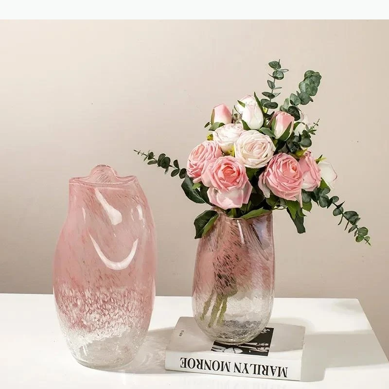 Jarrón de Vidrio con Degradado Rosa Ondulado, Macetas Hidropónicas, Decoración de Escritorio, Arreglos Florales, Jarrones con Textura Agrietada, Decoración Moderna para el Hogar