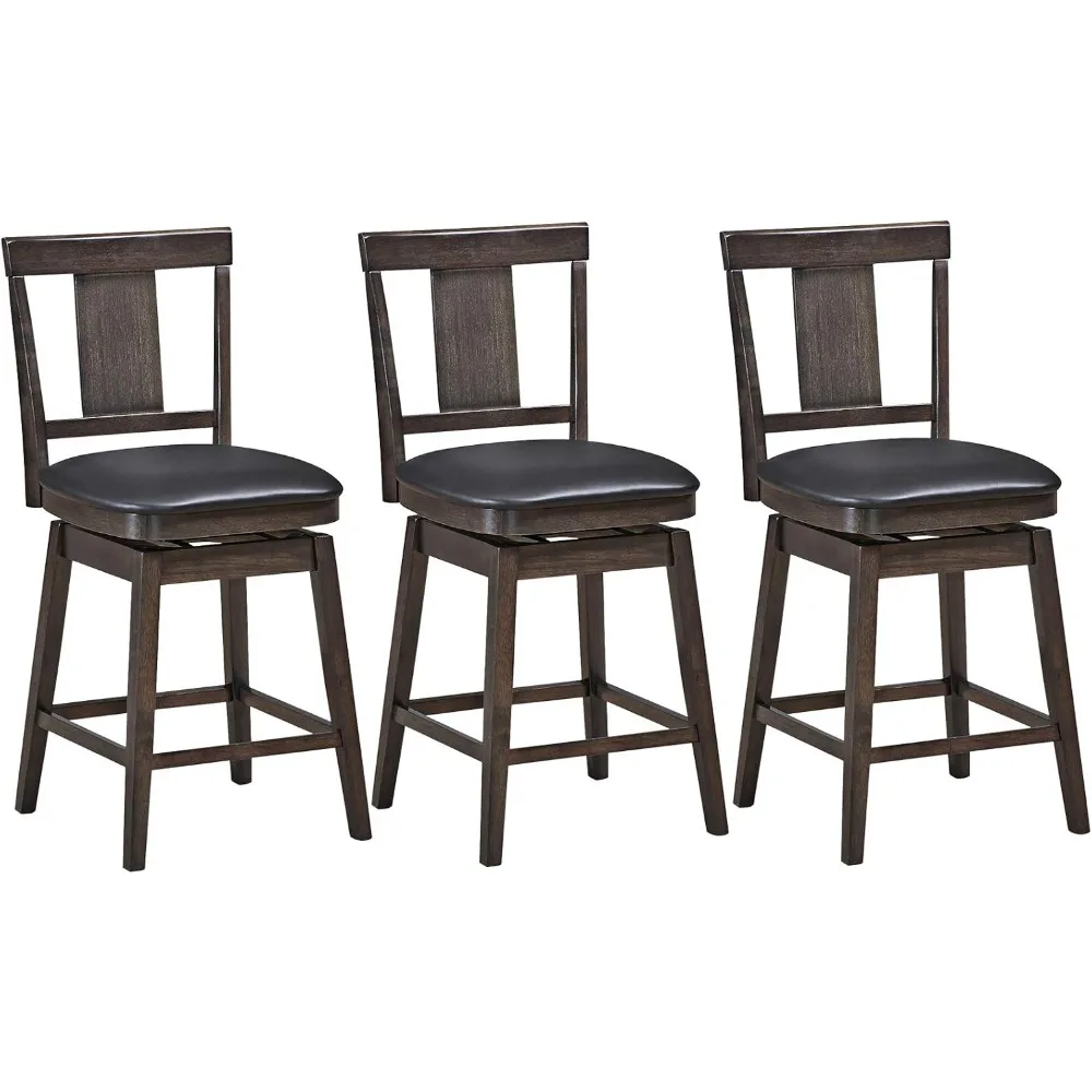 Bar Stools Set of 3, 360 Degree Swivel, Wooden Counter Height Bar Stool, Leather Padded Seat, Single Slat Back & Solid Rubber