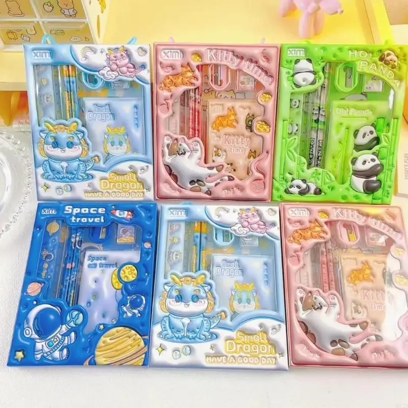 6 in 1 เด็กเรียนรู้กล่องของขวัญชุดเครื่องเขียนชุดการ์ตูนดินสอ