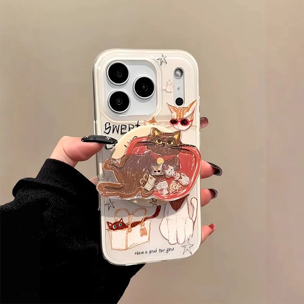 Funny Cartoon Kitten Cute Cat Magnetic Grip Tok Phone Case for iPhone 15 14 16 17 Pro Max Wireless Charge For Magsafe Back Cover - Image 2