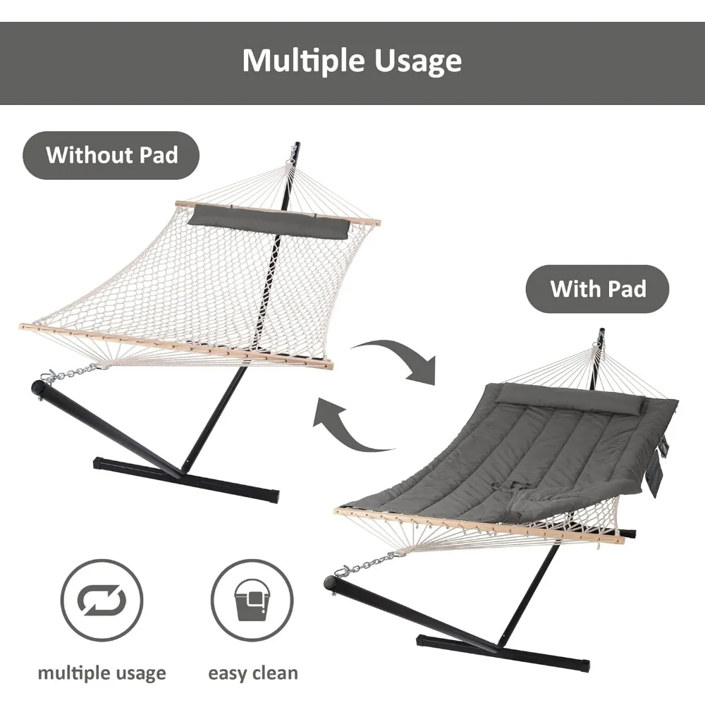 Double Outdoor Hammock with Stand, Two Person Cotton Rope Hammocks with Polyester Pad, Hammock