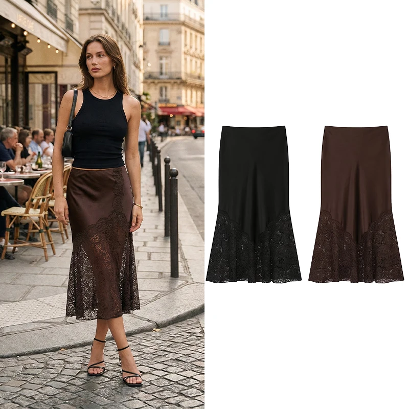 Willshela Women Fashion Solid Lace Side Zipper Midi Skirt Vintage High Waist A-Line Female Chic Lady Skirts