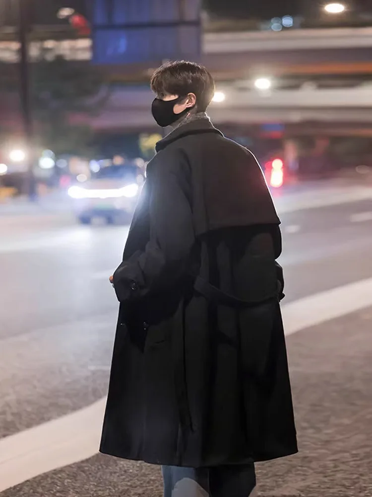 

Черное шерстяное пальто средней длины, мужское зимнее модное корейское ветровка, верхняя одежда, теплая водонепроницаемая повседневная одежда