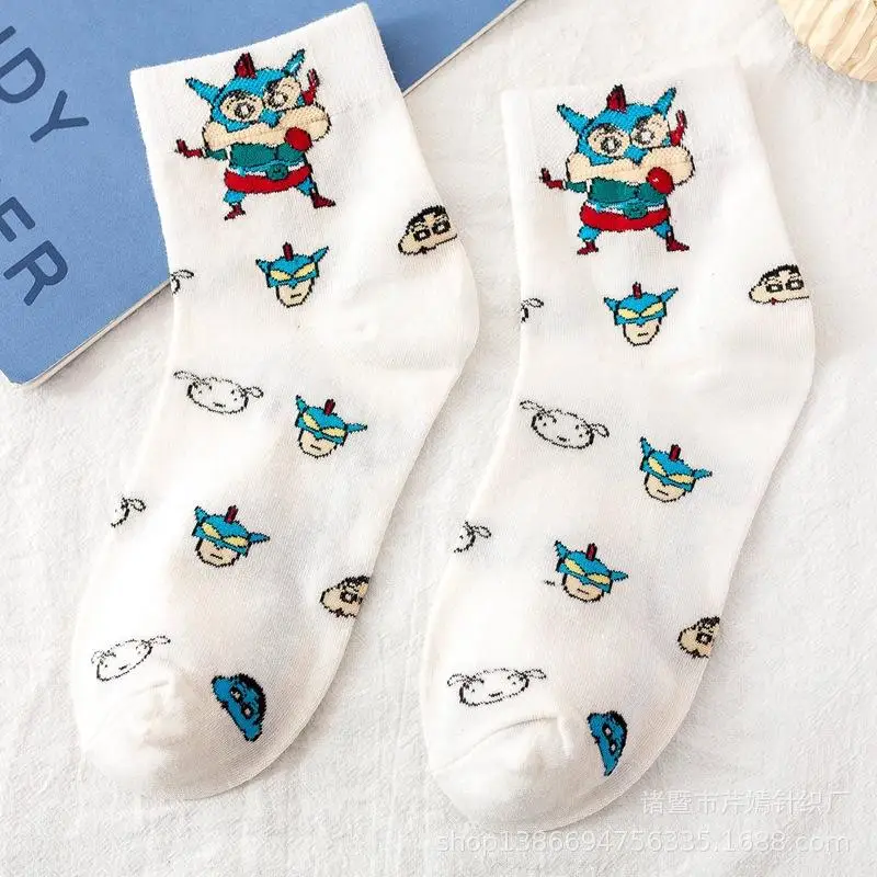 Anime Cartoon Crayon Shin-Chans Socks Pure Cotton White Mid Length Socks Couple Style Ins Cute Girl Birthday Gift For Girlfriend