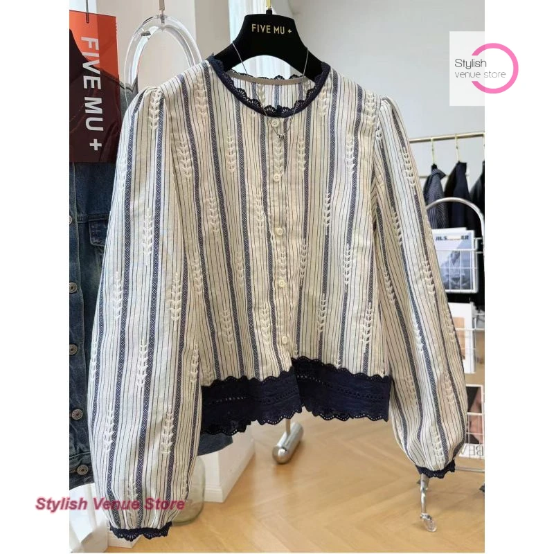 

French striped lace long-sleeved shirt women's spring and autumn new stitching plus size shirt casual fashion loose slim top.