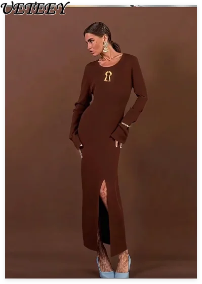 

New Autumn Winter Chain Metal Decoration French Style Black Sweater Dress High-End Feel Slit Leg-Exposing Knitted Long Dress