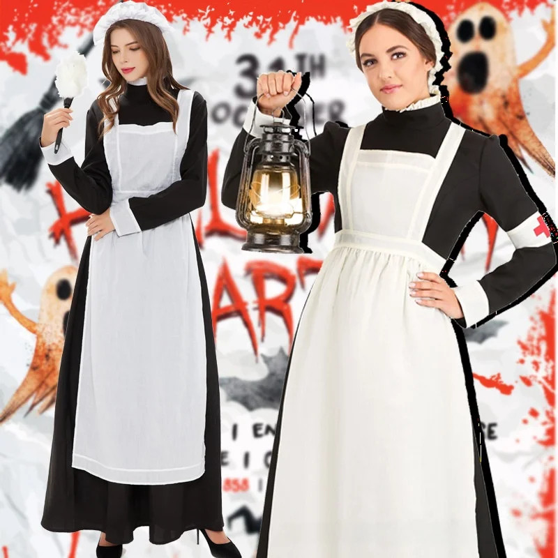 

Костюм горничной с красным крестом на Хэллоуин, женский костюм служанки, одежда для выступлений в деревенском стиле, леди-менеджер, полиэстер