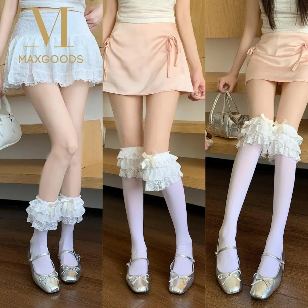 

Japanese Style Lolita Lace Calf Stockings JK Bowknot Ruffle Long Socks Multi Layer Lace Tube Socks