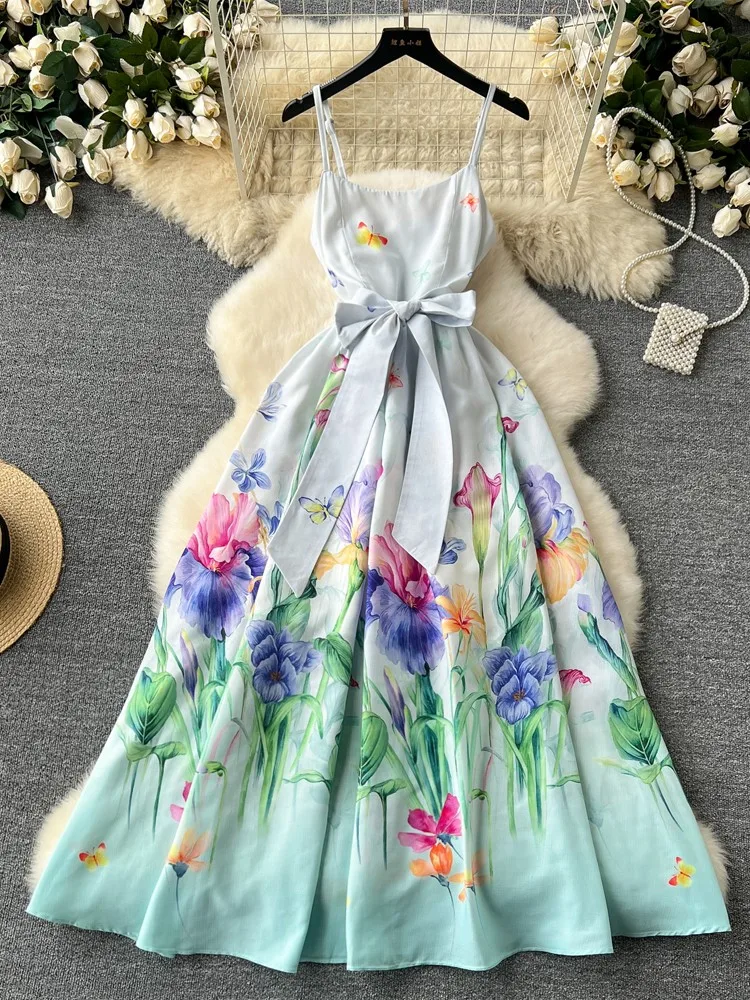 Lusumily New Fashion Vintage Sexy Party Dress Women Summer Flower Printed Long Dress Female Holiday Spaghetti Strap Lady Rober