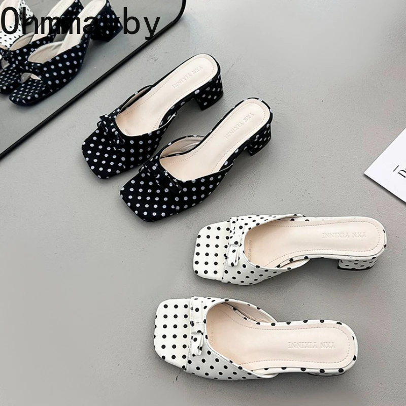 

Sweet Women's Open Toe Polka Dot Slippers Summer Fashion Slip On Thick Heels Slides Ladies Comfort Daily Wear Sandalias Mujer