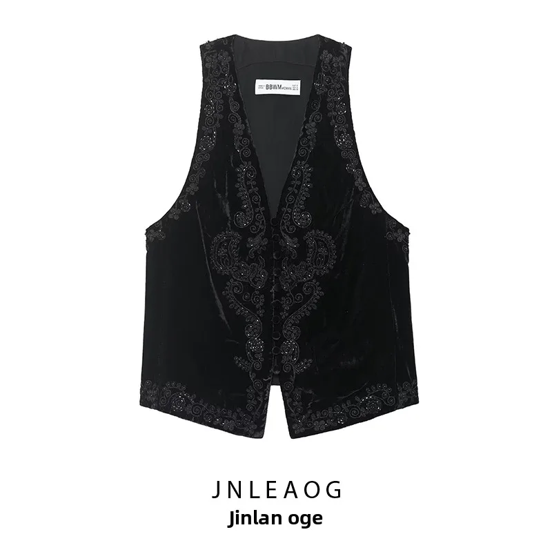 

JNLEAOG Faionable Embroidered Velvet Vest Limited Edition Women's Autumn New Sle round Ne No Button Polyester Fiber