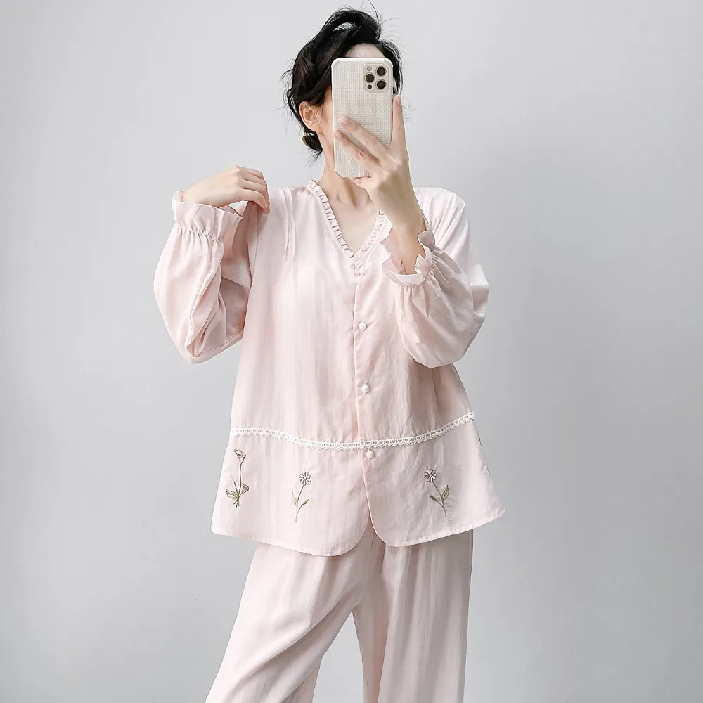 

Thin Loungewear Women Pajamas Cardigan Long Sleeve Two Piece Set Spring Autumn Chest Pads Sleepwear New Sleeping Home Suit