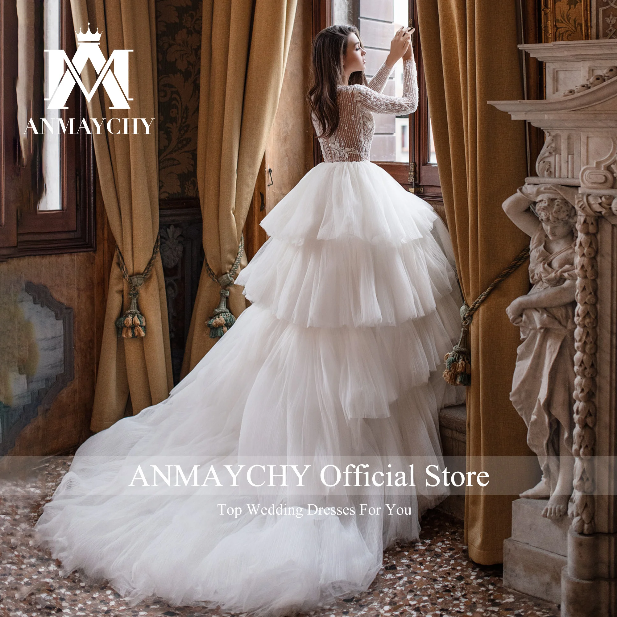 ANMAYCHY Ball Gown Long Sleeve Wedding Dresses For Women 2023 V-neck Appliques Beading Romantic Wedding Gown Vestidos De Novia