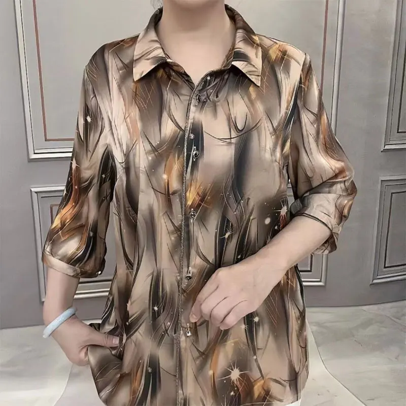 Stylish Vintage Printed Shirt Women\'s Clothing Commute Single-breasted Spring Summer Casual 3/4 Sleeve Turn-down Collar Blouse