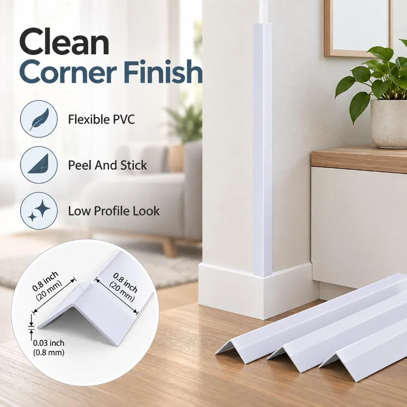 1PC 5Mx10MM PVC Flexible L Shape Corner Trim Strip, White Furniture Wall Protector Molding for Cabinet Table Shelf