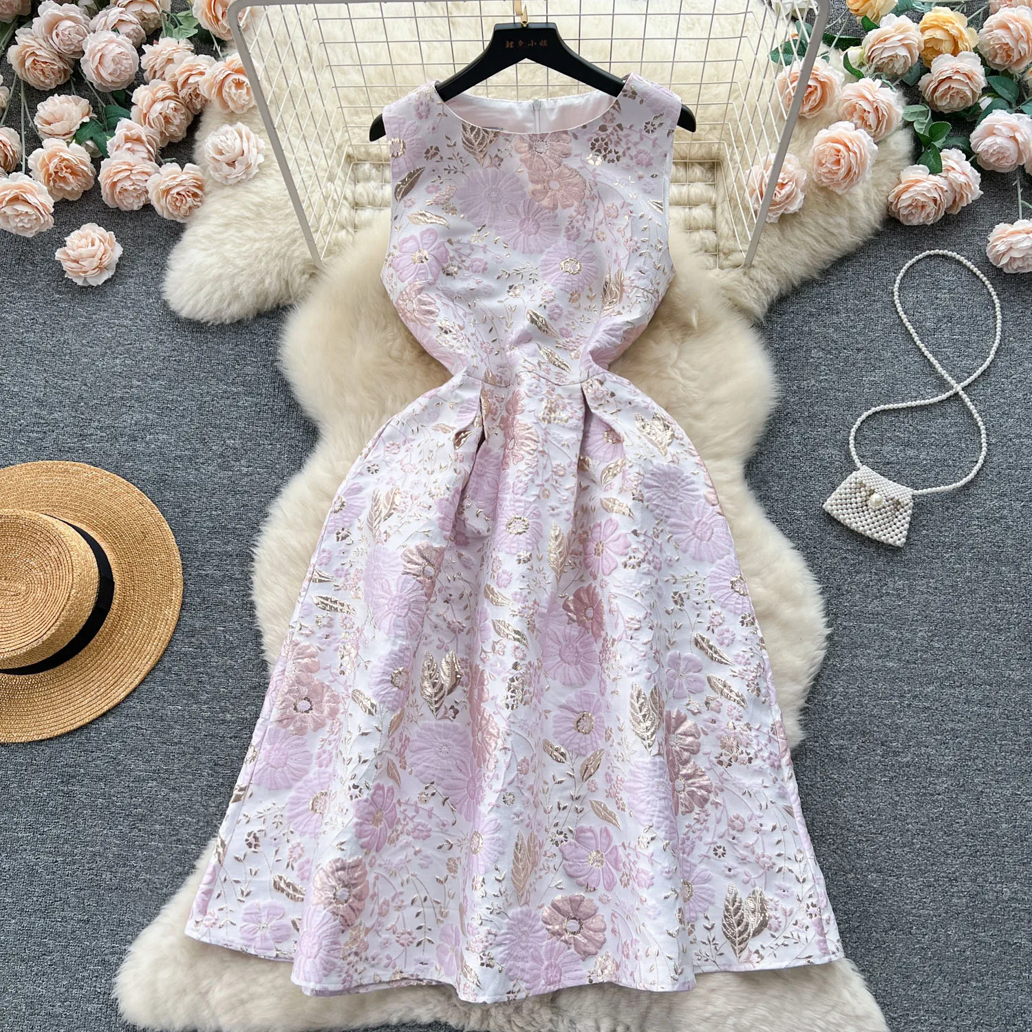 

New Women Vintage Floral Dress Summer Sleeveless A-Line Jacquard Elegant Party Dresses Ladies Slim Casual Midi Dress M8227