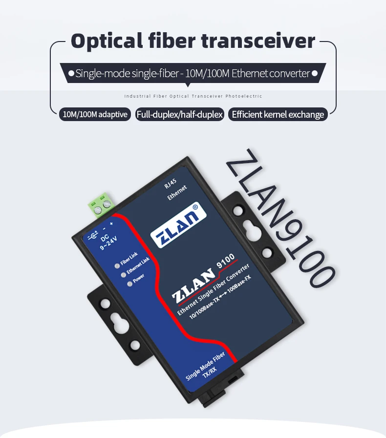 Transceiver Optik Ethernet 100M Kelas Industri Mode Tunggal Serat Tunggal Port Optik Tegangan Lebar ke Port Jaringan ZLAN9100