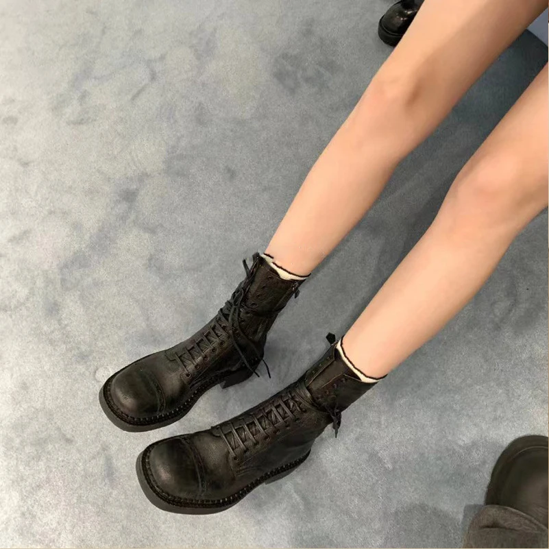 Meotina Women Ankle Boots Round Toe Thick Mid Heels Lace-up Zipper Short Boots Concise Lady Fashion Shoes Autumn Winter Black 40 image 3
