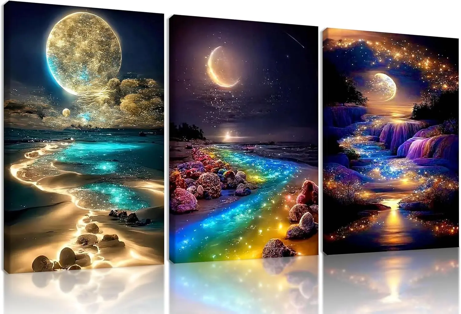

Framed Beach Canvas Wall Art Set Of 3 Coastal Under Moonlight Pictures Wall Decor Moon Wall Decor Abstract Seascape Painting