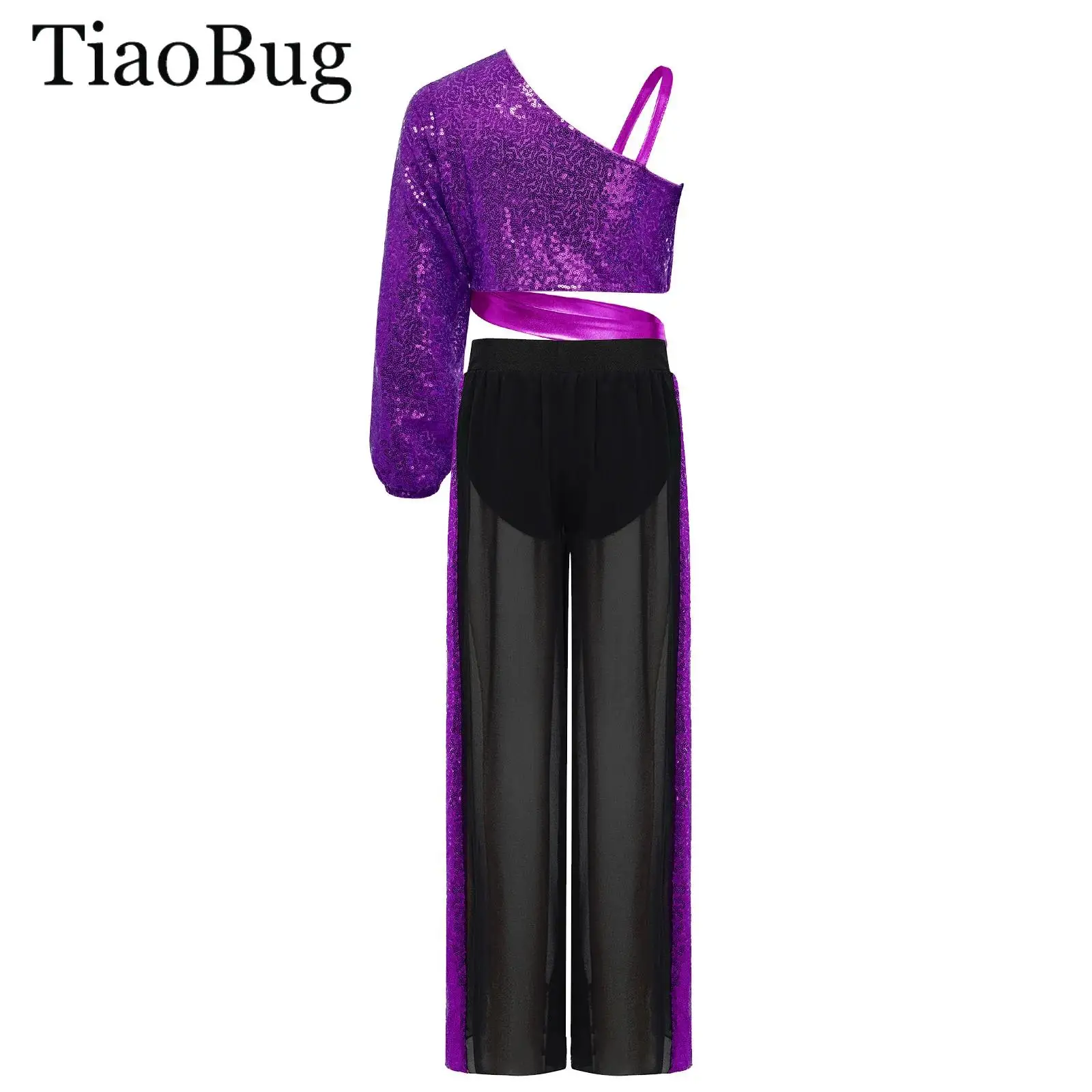 

Girls Glitter Sequins Ballet Lyrical Dance Set One Shoulder Long Sleeve Crop Top And Chiffon Wide-Leg Pants Latin Jazz Dancewear