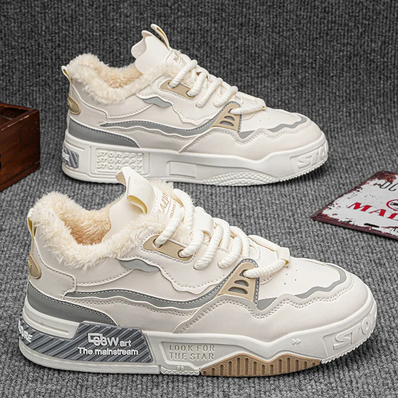 Men's Winter Trend Plus Velvet Board Shoes Comfy Thick-Soled Non-Slip Lace-Up Sneakers Perfect for Outdoor Men Casual Activities