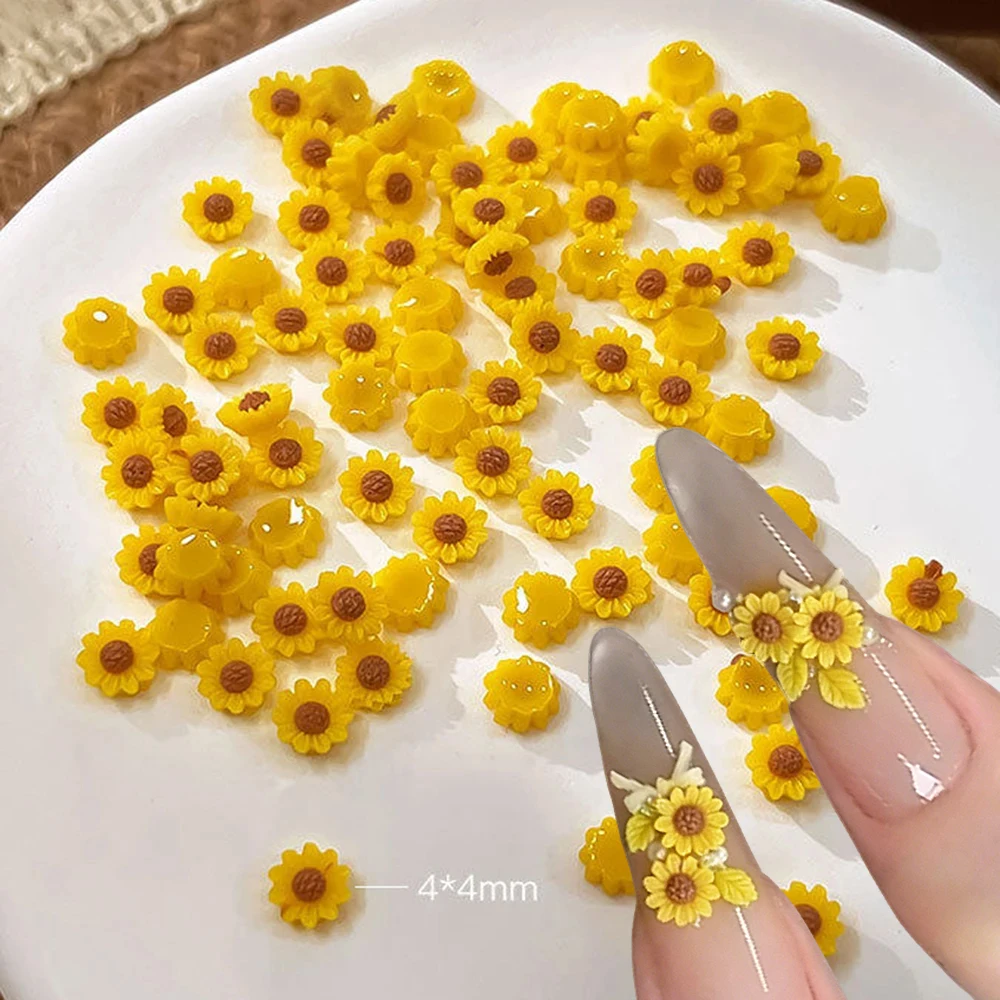 3D Summer Sunflower Resin Nail Art Charms 50pcs 4x4mm Cartoon Cute Yellow Daisy Mini Flatback Nail Decorations DIY Nail Supplies