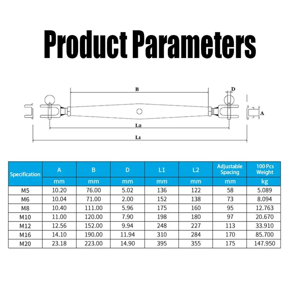 Sekrup badan tertutup Marine Rigging perangkat keras panjang Adjuster penjepit rahang Turnbuckle baut 304 Stainless Steel Tensioner M5-M12