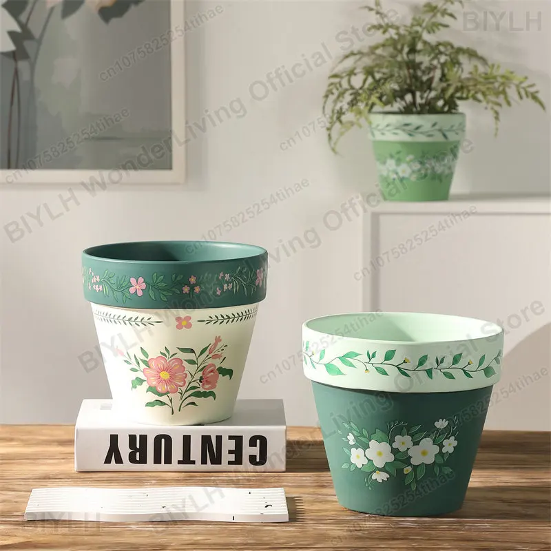 Nordic Imitation Hand-painted Clay Flowerpot Home Decor Desktop Green Plant Potted Ornament Green Dill Retro Flower Vase Gift