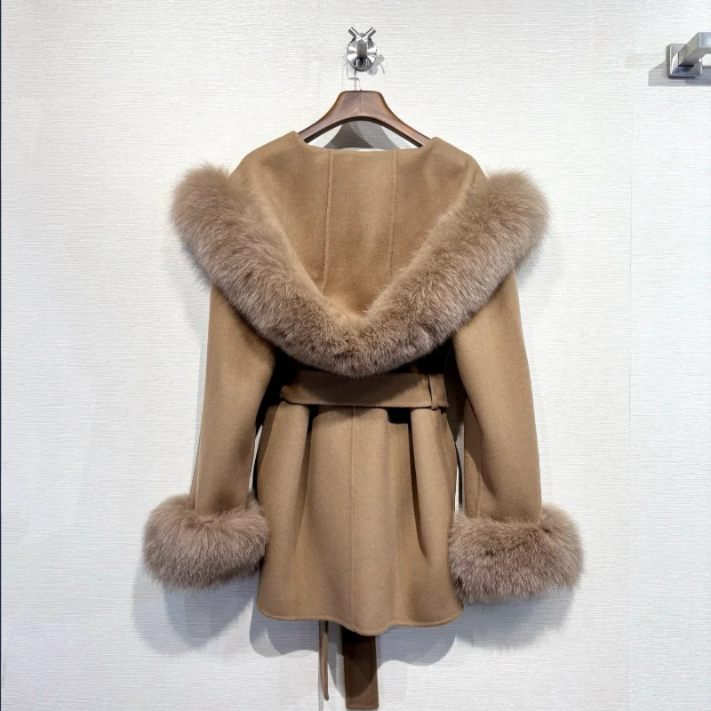 2026 Winter Women Fox Fur Collar Cuff Robe Style Short Coat Camel Double Face Cashmere Waist Belt Warm and Elegant Outerwear