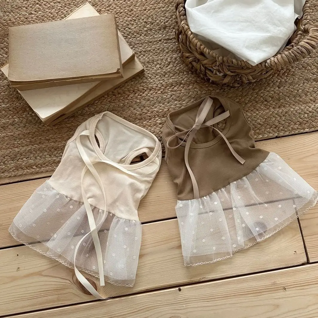 Spring and Summer Pet Lace Camisole Vest Dress Teddy Small Dog Bow Dress Dog Clothes for Small Dogs