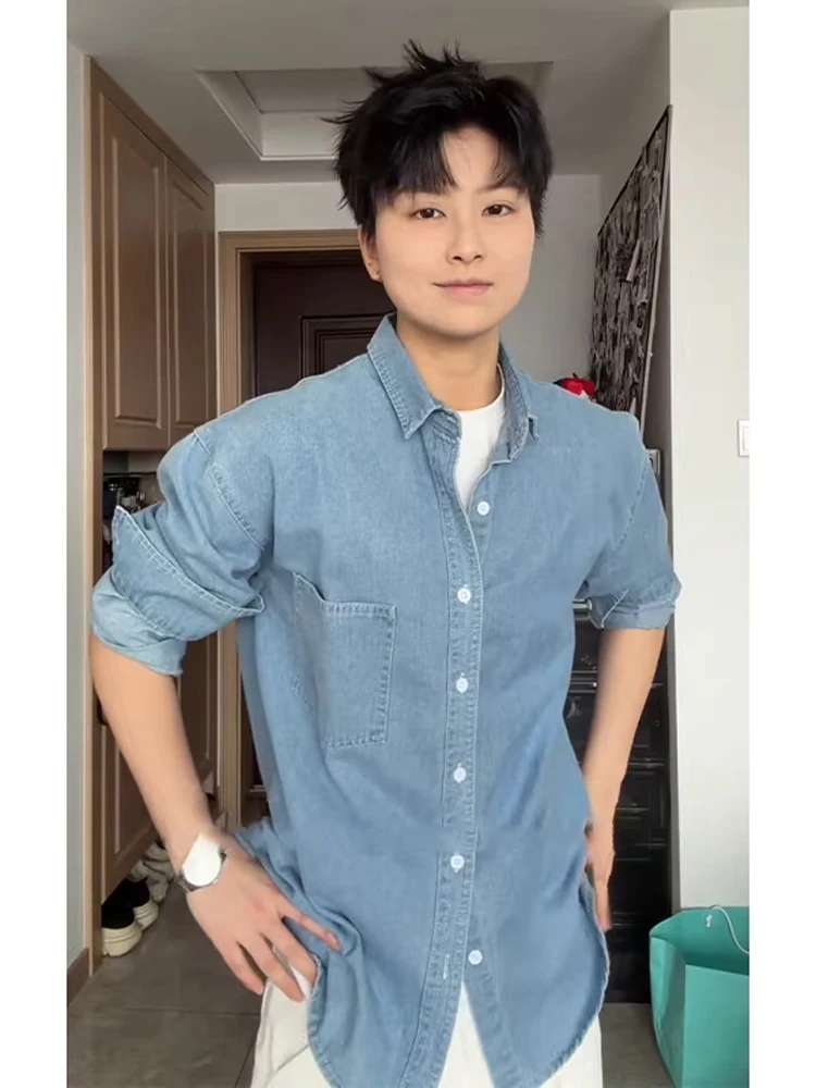 

Мужская джинсовая рубашка Waed с длинным рукавом, повседневная верхняя одежда в винтажном стиле, модная свободная рубашка из синих джинсов на весну