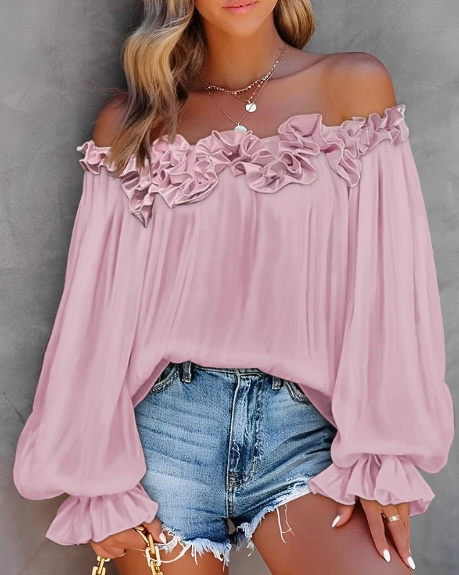 Office 2024 Spring Summer Women\'s Blouse Solid Color Pleated Loose Ruffle Hem Lantern Sleeve Top Off Shoulder Slash Neck Shirt