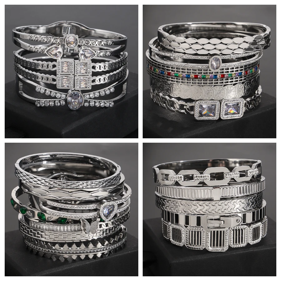 

Silver Color 316L Stainless Steel Bangle Bracelet Statement Inlaid Rhinestone Geometry Unique Design Waterproof Jewelry Gift