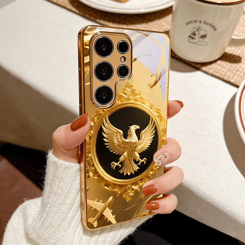 Eagle Pattern Art Golden Phone Case For Samsung A50/A51/A52/A53/A54/A55/A56/A57/A71/A72/A73/A31/A32/A34/A36/A37/A30s Glass Cover