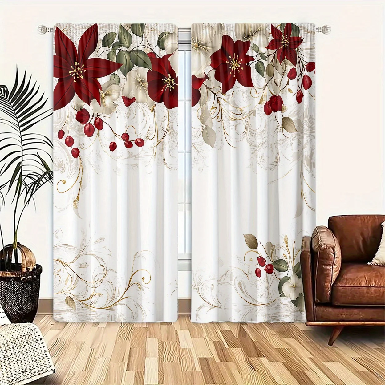 2pc Artistic floral print pattern curtains, polyester fabric, machine washable, suitable for bedroom living room decoration