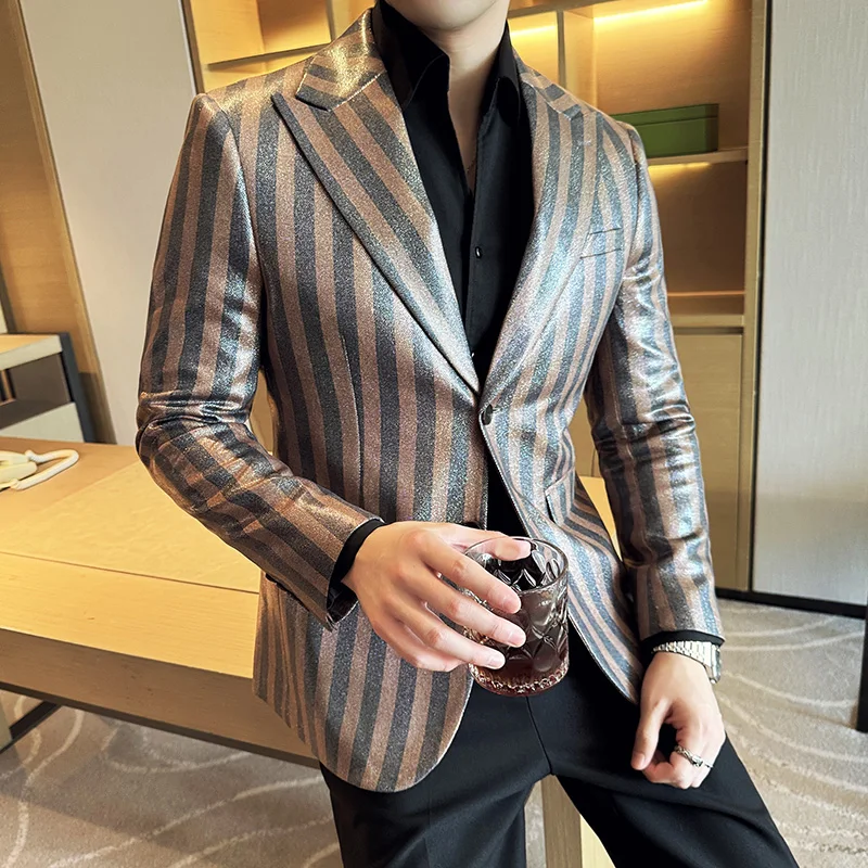 High Quality Striped Suede Suit Jacket for Men Slim Fit Casual Business Blazers Korean Version Wedding Banquet Formal Jacket