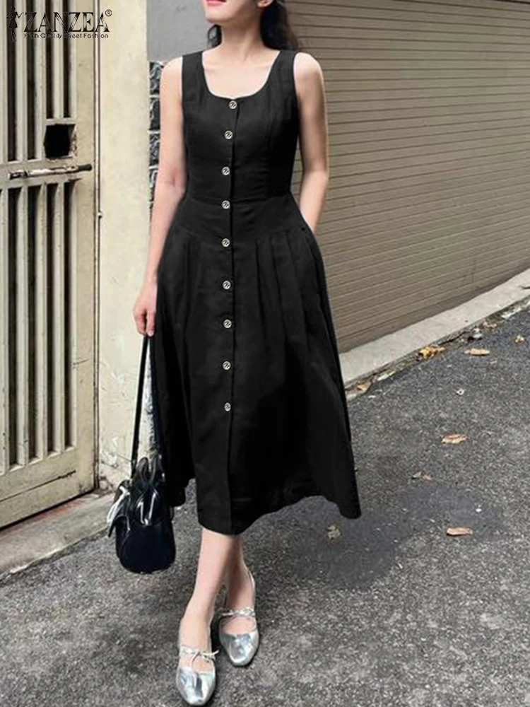ZANZEA 2025 ฤดูร้อนทํางาน Midi ชุดเดรสผู้หญิงแฟชั่น U คอ Sundress วันหยุด Vestidos Casual ปุ่ม Robe