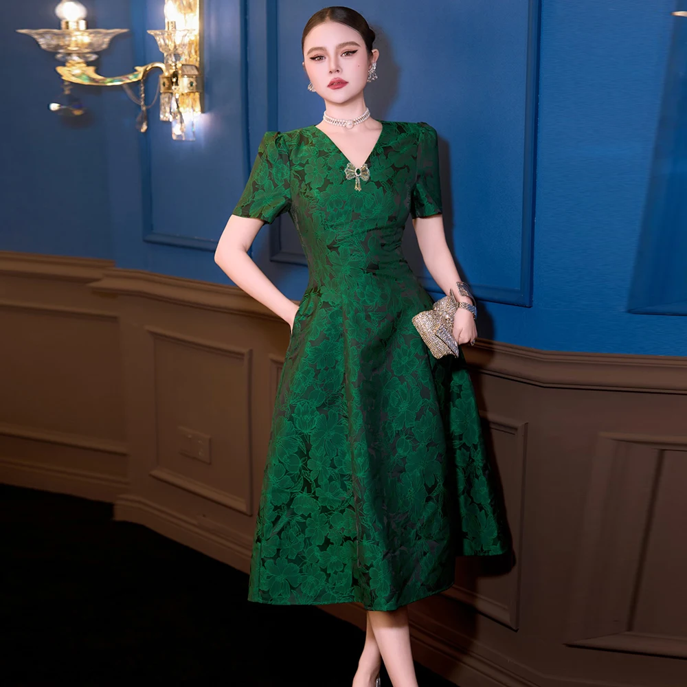

ZJYT Spring Summer Women's Vintage Jacquard Dress Elegant Short Sleeve V Neck Midi Casual Green Pink Party Dresses Lady Vestidos