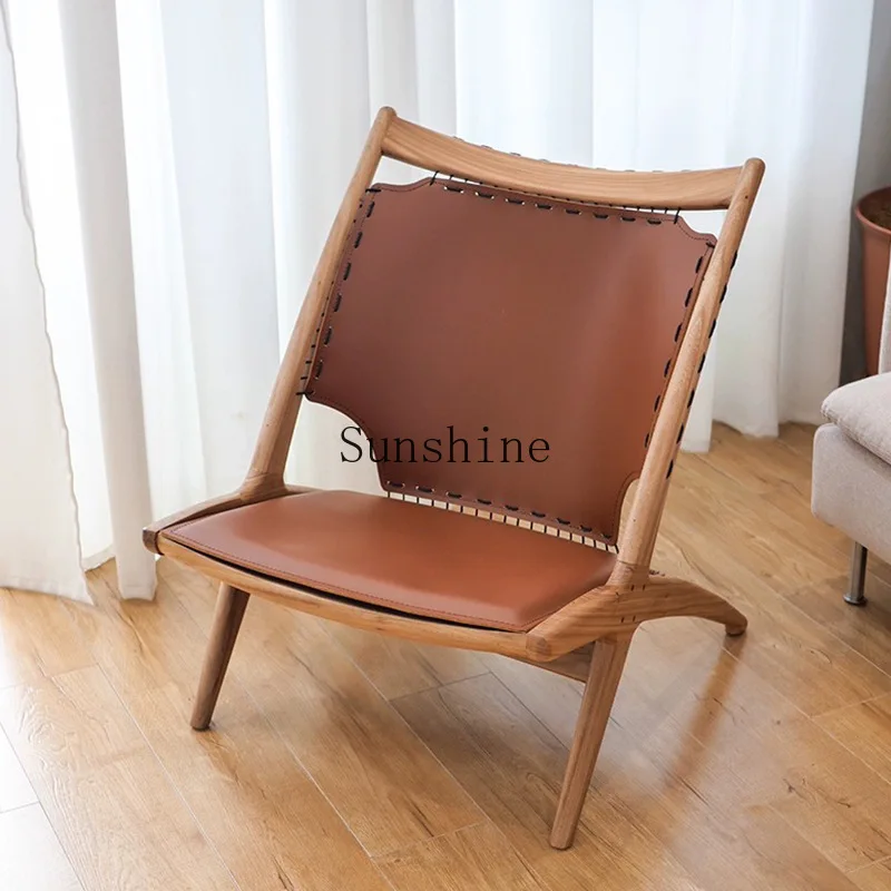 Nordic single saddle leather solid wood back recliner home living room leisure lazy sofa