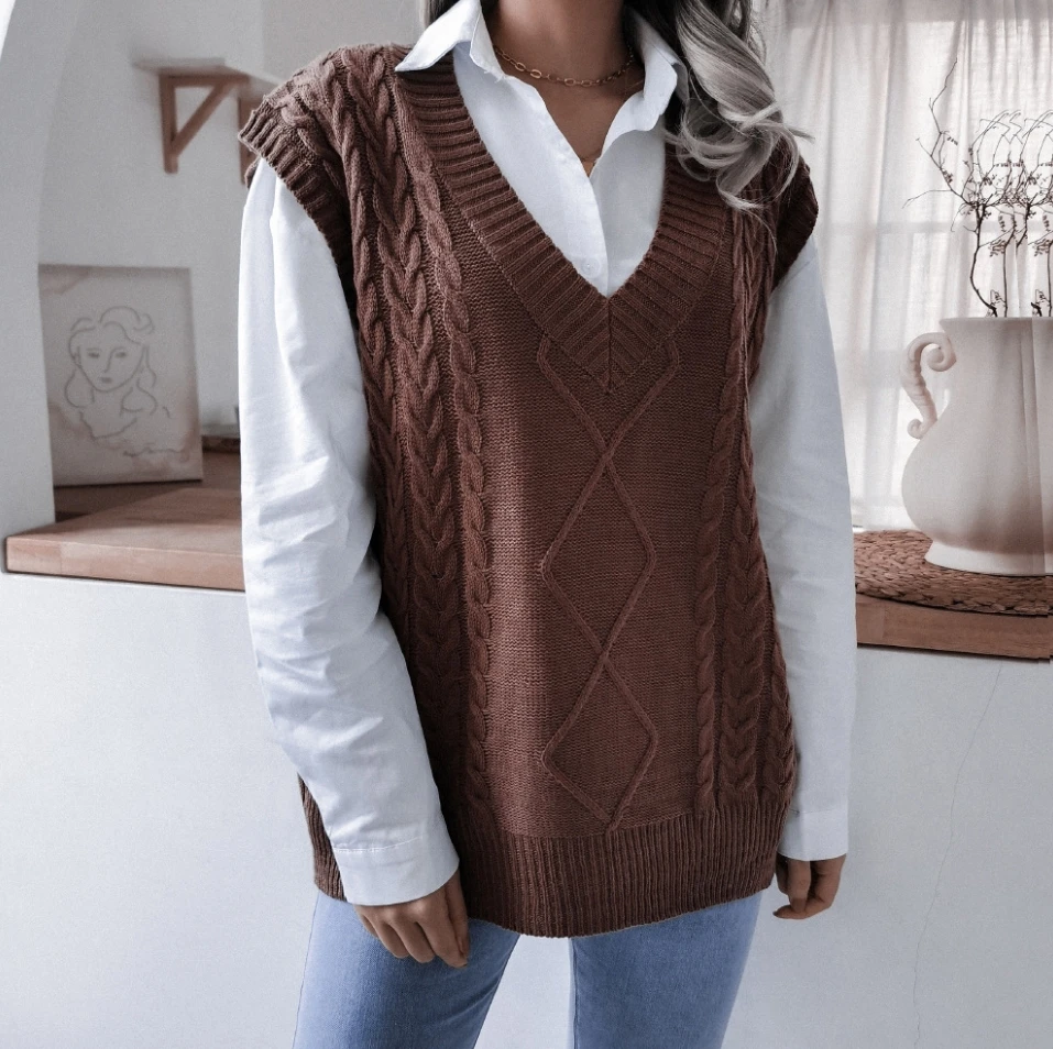 Women's Vest Tops 2024 Winter Clothes Fashion Solid Color V-neck Fried Dough Twists Casual Loose Fit Knitted Sweater Vest